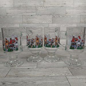4 Vintage Arcoroc Pedestal Mugs Christmas Village 5.5" Glasses Cups AOW16